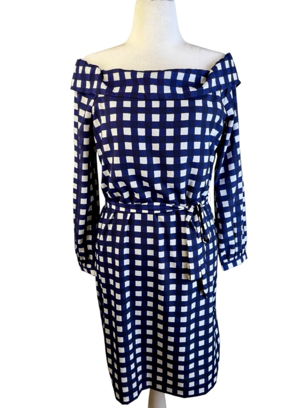 Banana Republic Navy and White Off-Shoulder Gingham Belted Dress Size M Tall - Picture 3 of 11